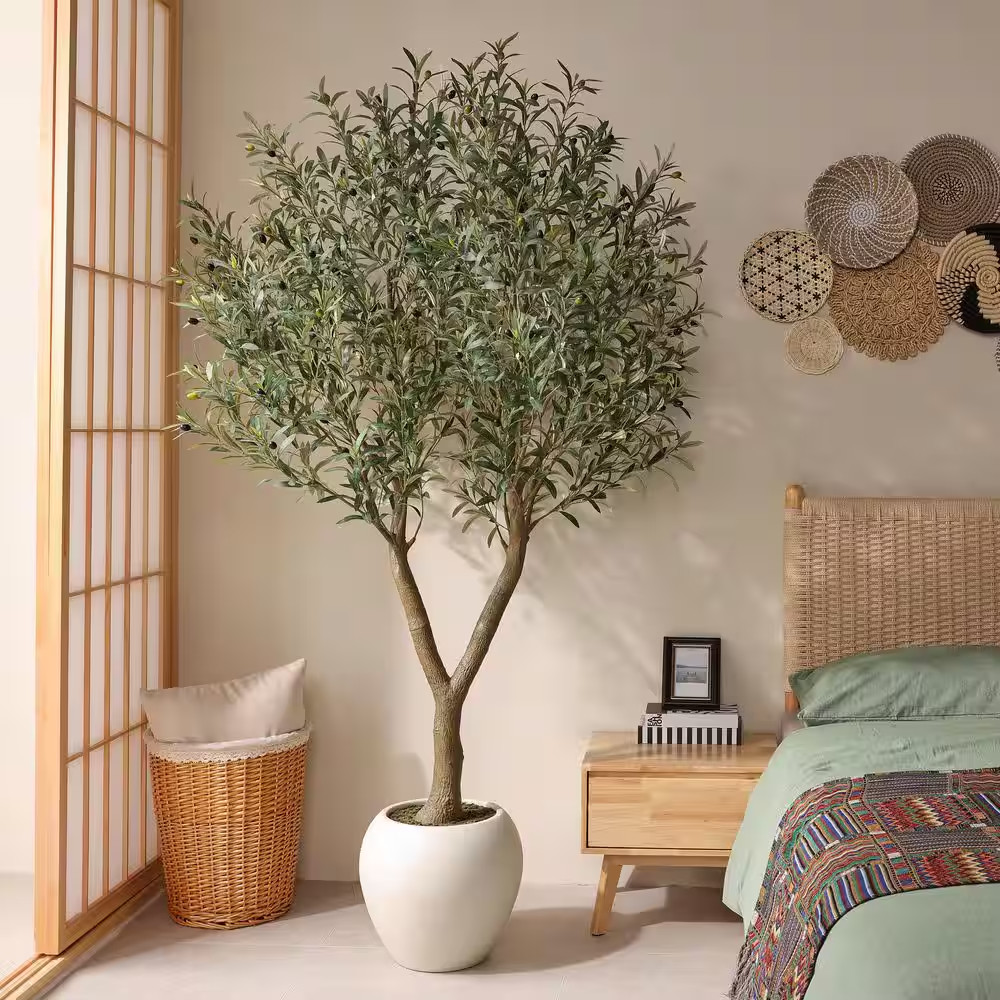 7 Ft. Artificial Olive Tree with White Planter, Fake Olive Silk Tree for Indoor