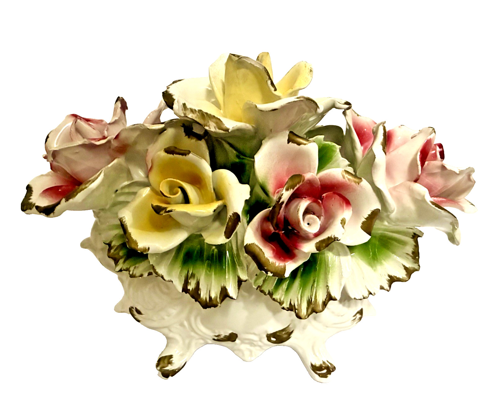 Vintage Capodimonte Italian Porcelain Pink and Yellow Seven Rose Centerpiece