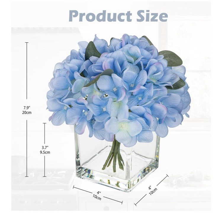 Artificial Silk Hydrangea In Vase With Faux Water In Cube Vase