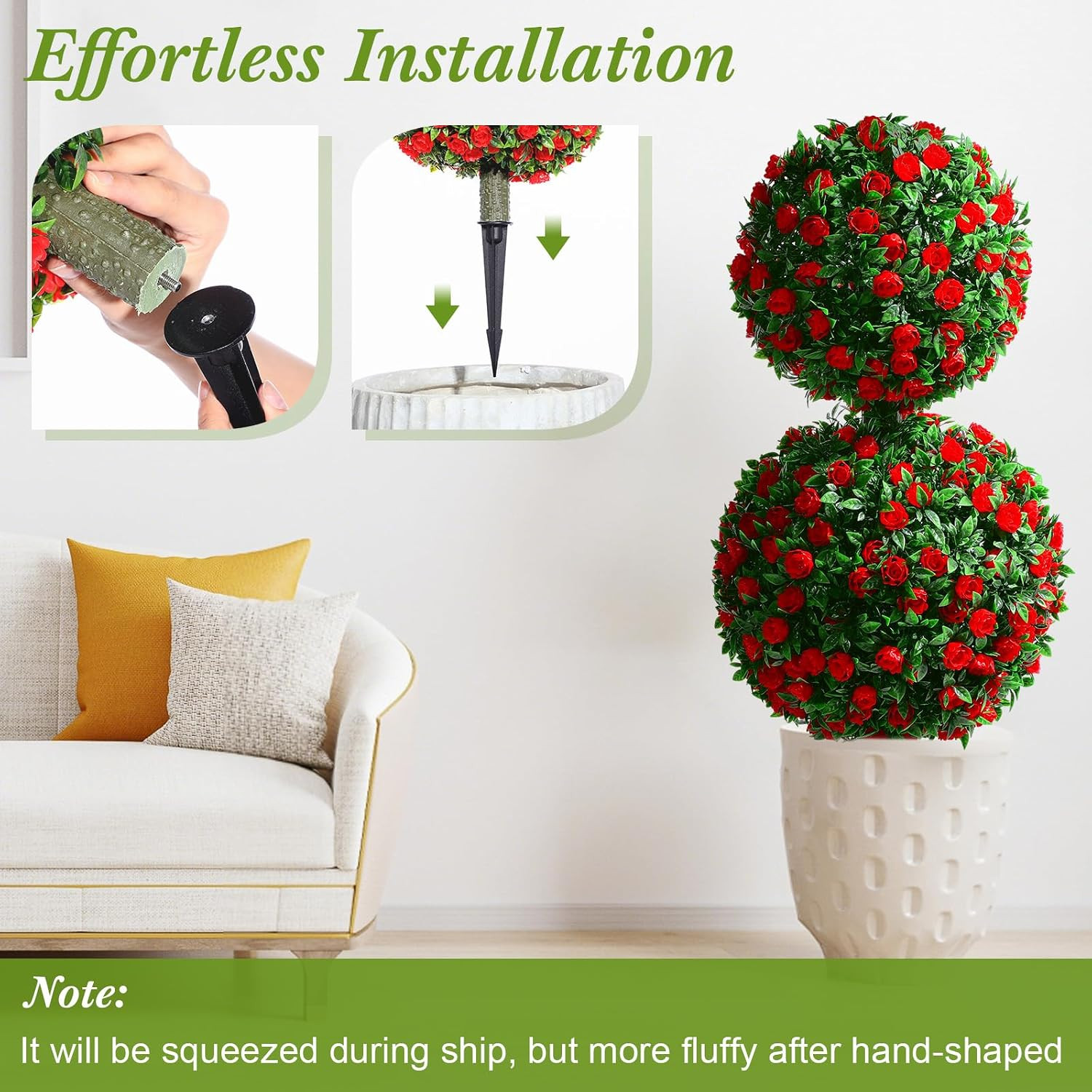 2 Pack 28 Inch Outdoor Artificial Rose Topiary Trees Double Ball with Flowers Fa