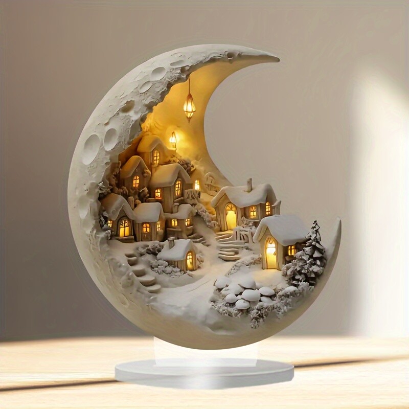 Fantasy Crescent Moon House Table Decoration Acrylic Moon Phase Snow Ornament
