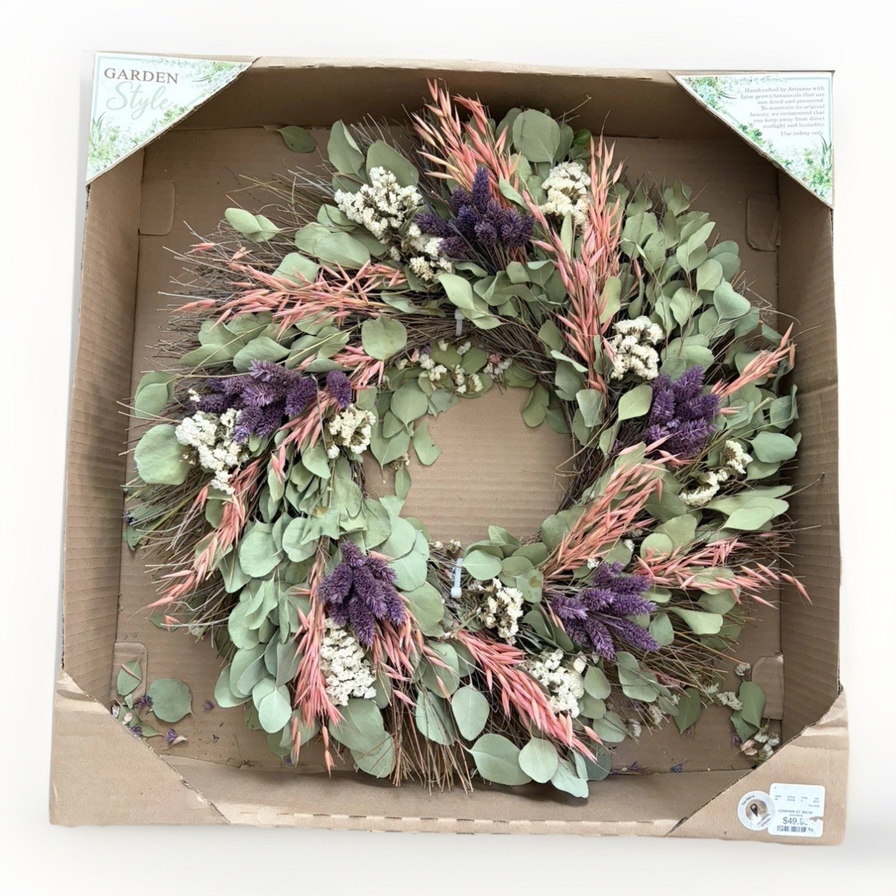 Garden Style Handcrafted Botanical Floral Dried Wreath Wall Decor Pink Purple