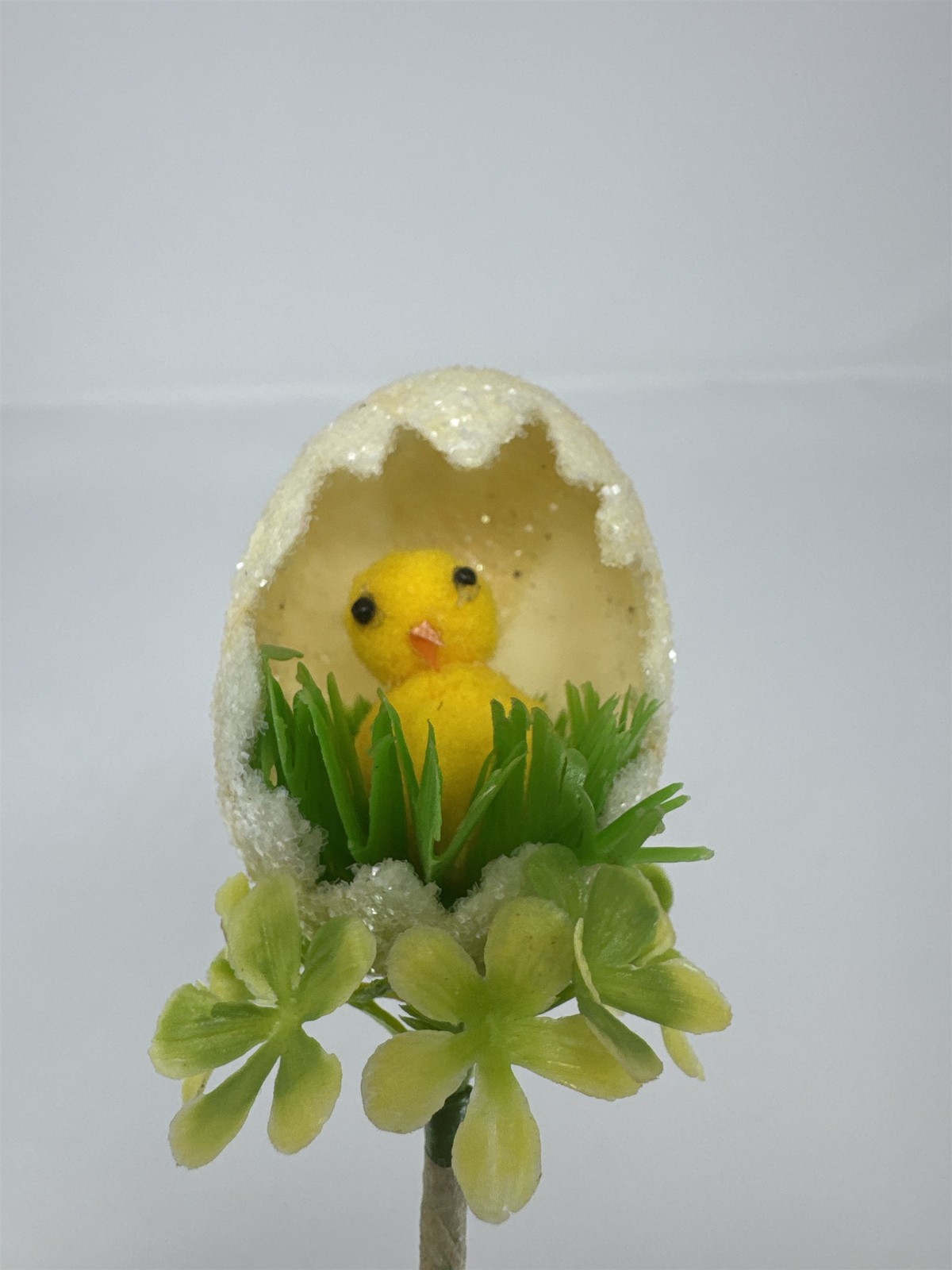Vtg Easter Sugared Egg Diorama Floral Pick Flocked Chick Plastic Flower Spray 4″