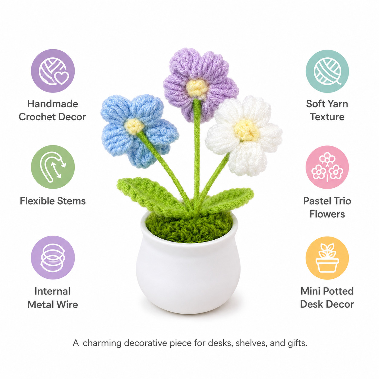 Pastel Trio Crochet Flower Mini Potted Desk Decor with Flexible Stems