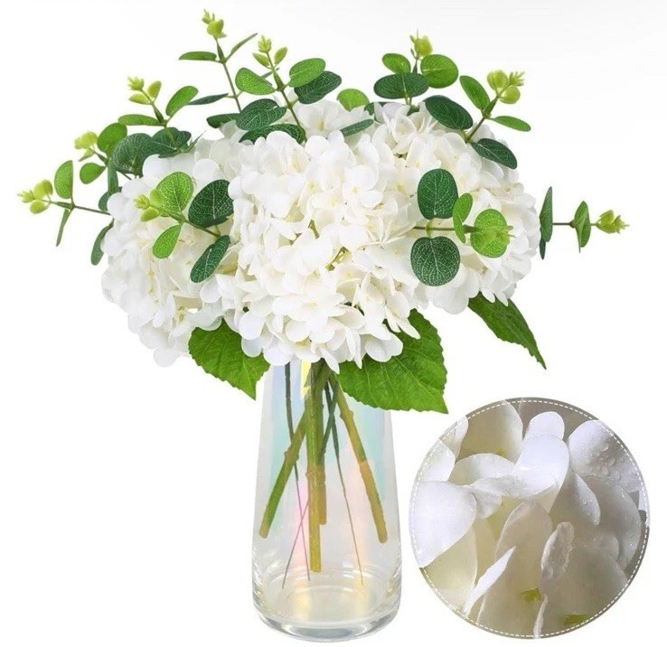 Fake Hydrangea Artificial Flowers With Vase 4 Pcs Real Touch And 3 Pc Eucalyptus