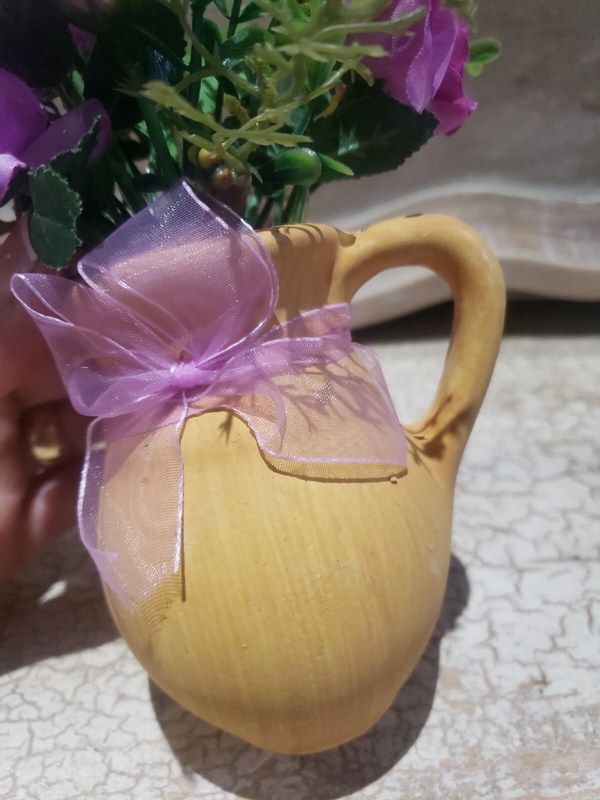 Purple Greenery Floral Arrangement Table Home Decor Pottery Pitcher 7″ TALL