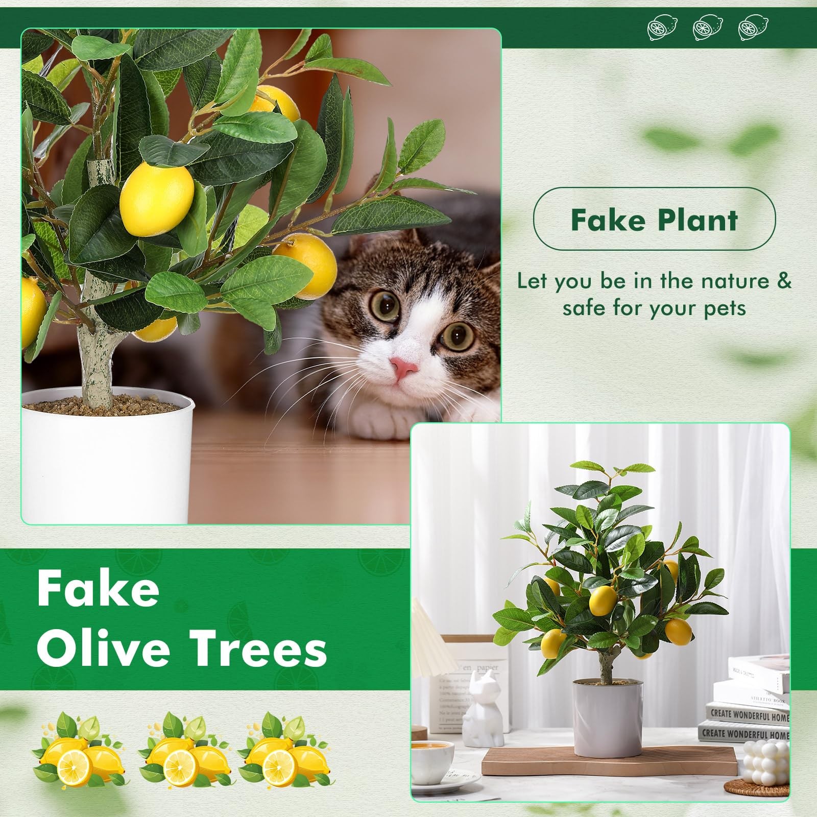 2 PCS 15.7 Inch Artificial Lemon Tree Potted Faux Citrus Plant White Pot