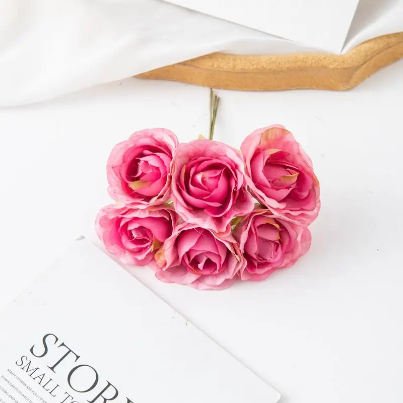 6Pcs Artificial Silk Tea Rose Mini Bouquet for Wedding Christmas Diy Home Decor