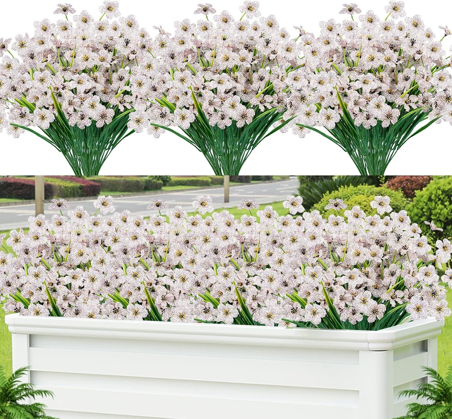 24 Pcs Artificial Flowers UV Resistant, Faux Plastic Shrubs Outdoor Decor