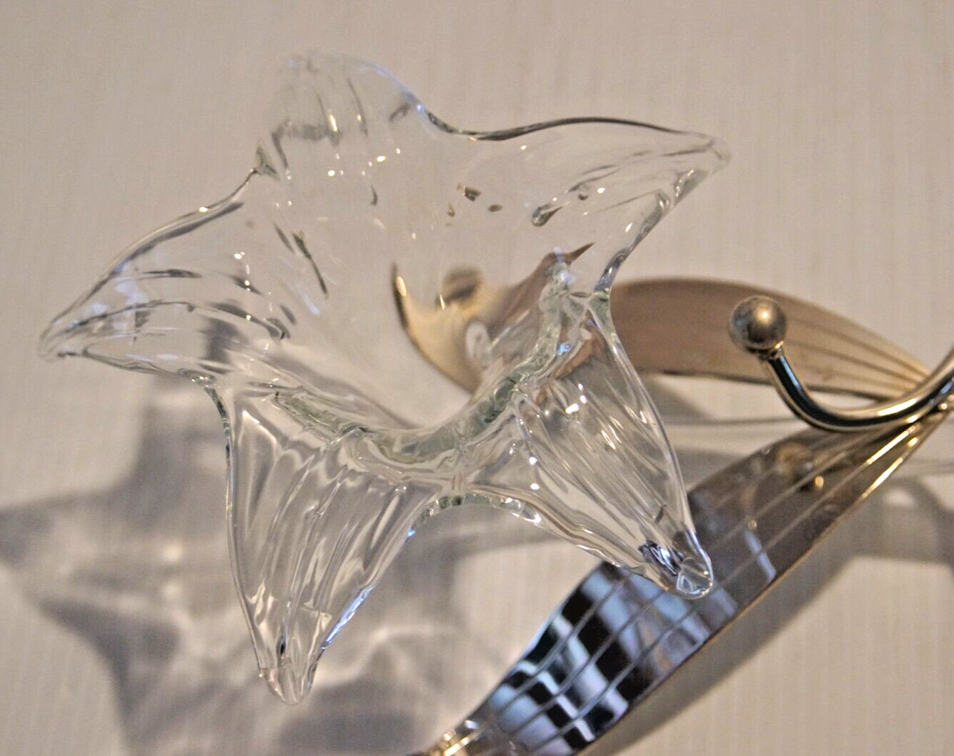 Vintage Blown Clear Glass Flower & Silver Plate Stand/Holder, 12″ Art Deco Syle