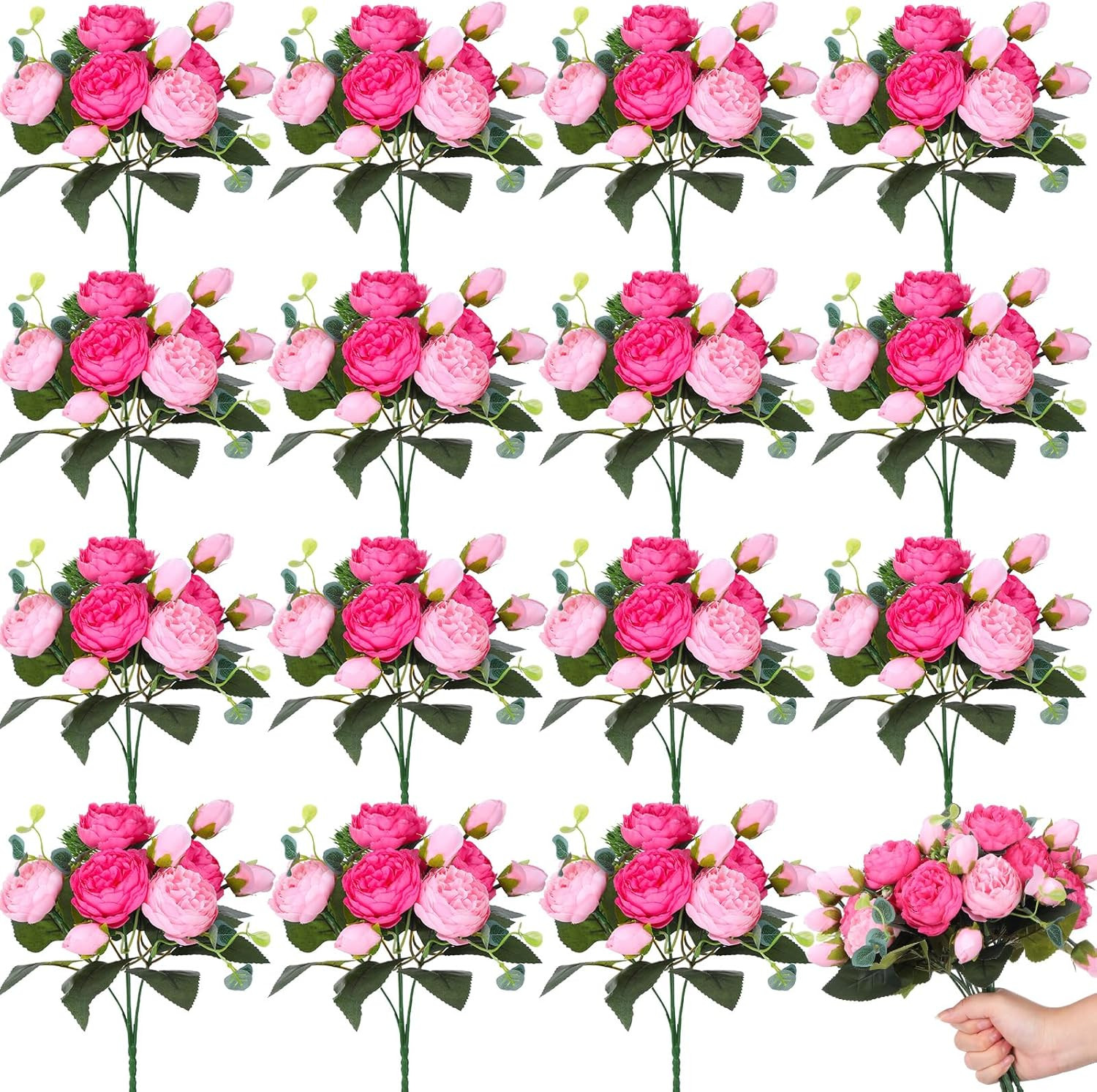 16 Packs Pink Artificial Peony Flowers for Wedding & Home Decor