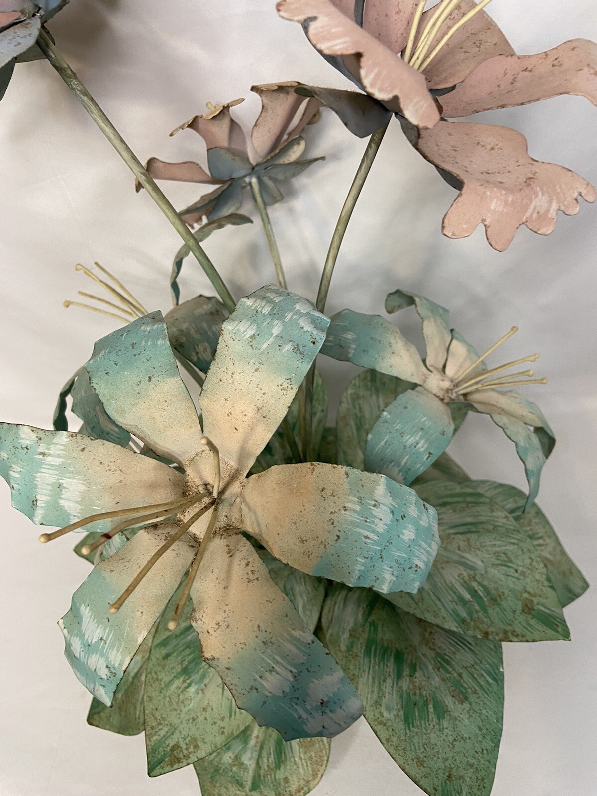 Vintage Metal Flower Arrangement 19” Tall Pink, Blue, Green **READ