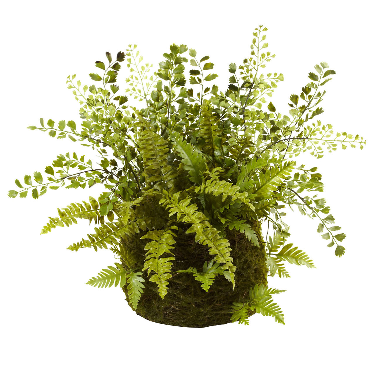 13″ ARTIFICIAL FAKE MIXED FERN GARDEN PLANT w/ TWIG & MOSS BASKET POT