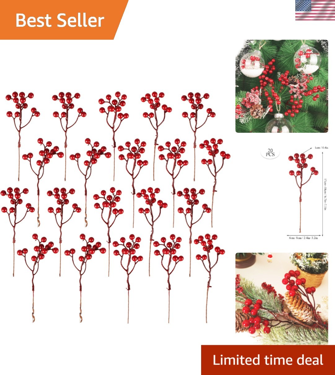 Realistic 20 Pack Red Berry Stems – Perfect for Seasonal Crafts and Arrangements
