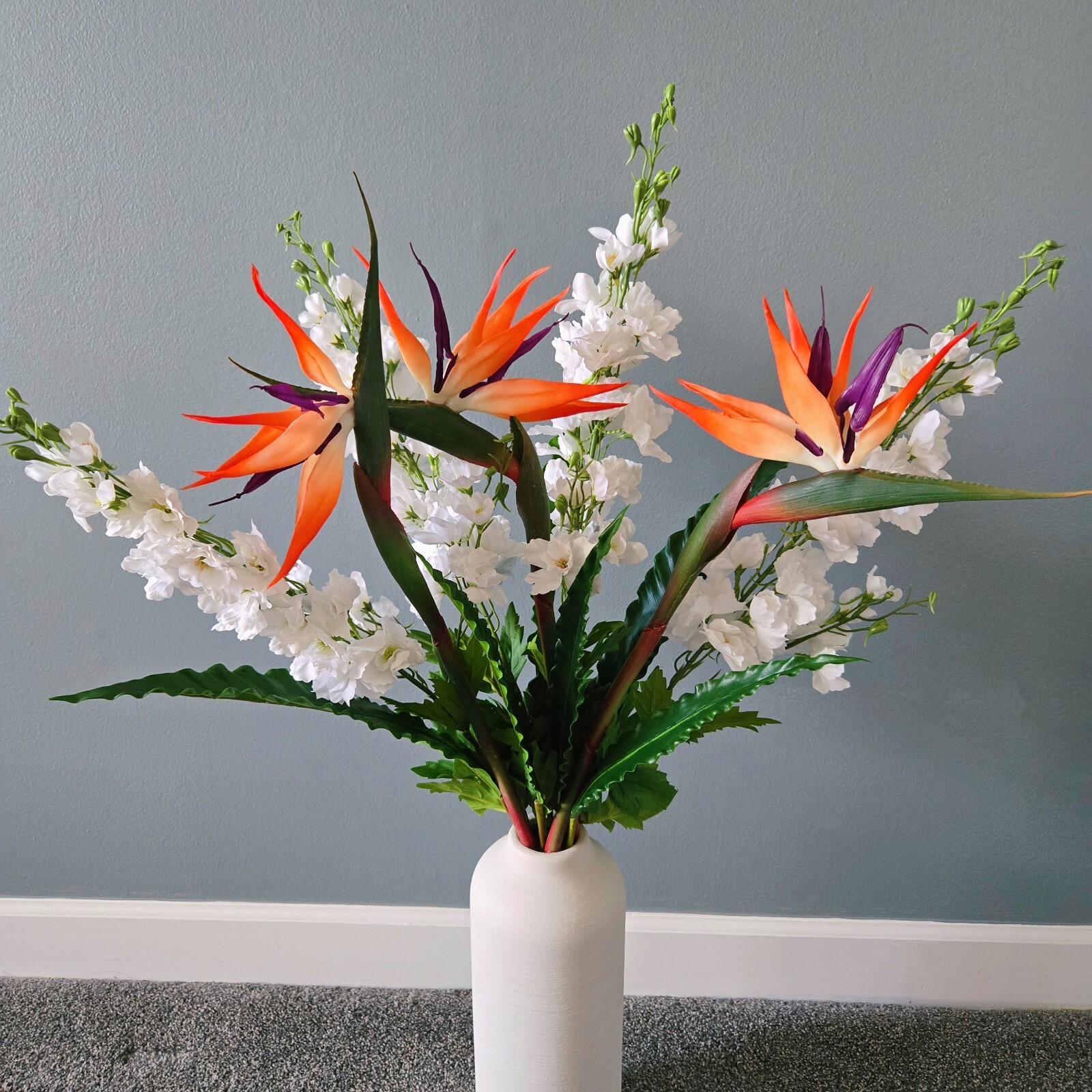 12-Stem Artificial Flower Set ?Bird of Paradise,Bird?s Nest Fern and Delphinium