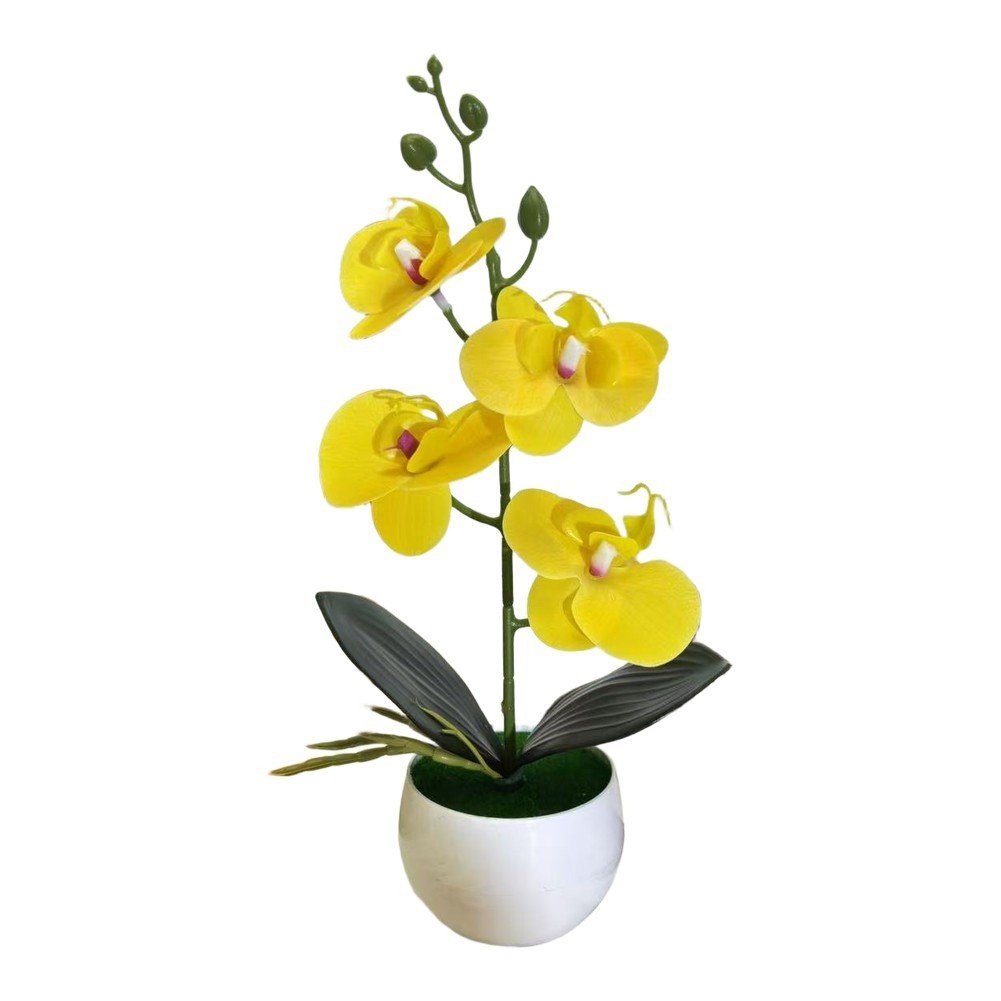 Four Flower Small Round Belly Pot Butterfly Orchid Faux Silk Tabletop Decor
