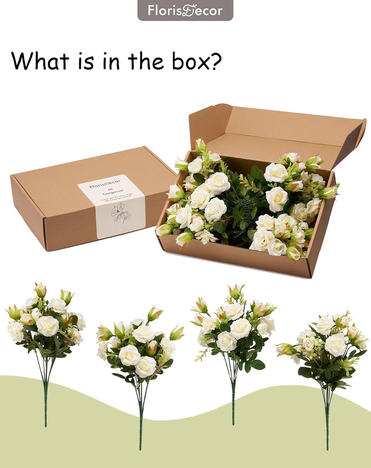 Small White Mini Roses Bouquet, Realistic Creamy White Flowers Faux Set of 4