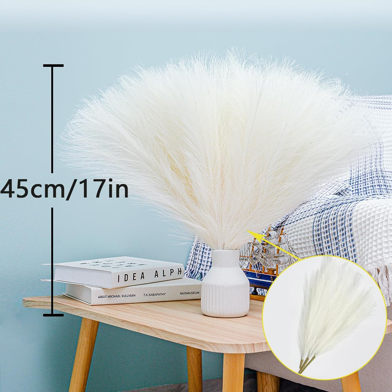 10 Stems White Pampas Grass Fluffy – 17.7″ Faux Pampas Grass Decor Small Pampas