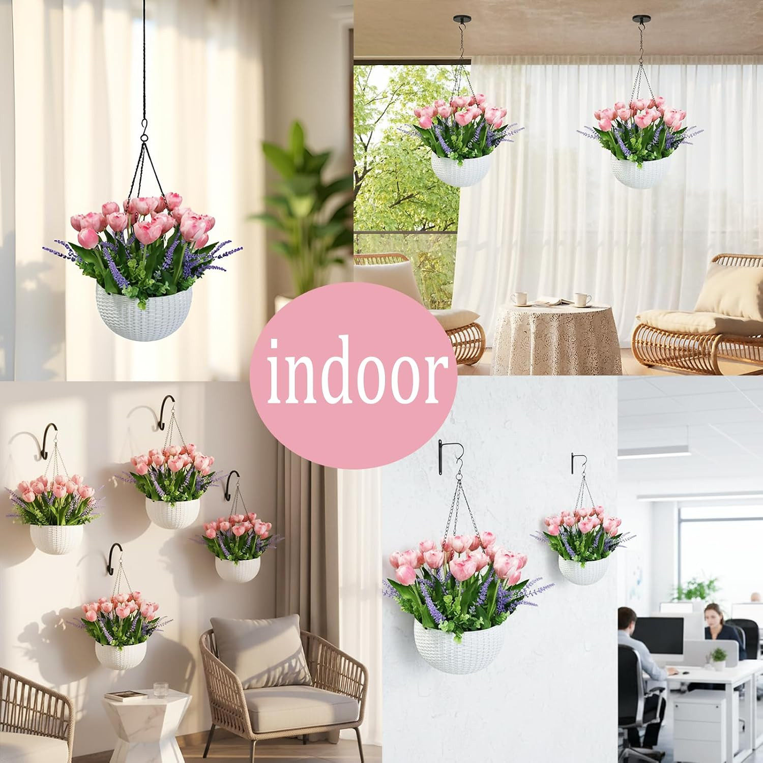 Artificial Tulips Flowers Hanging Basket for Indoor Outdoor, Realistic Pink Fake