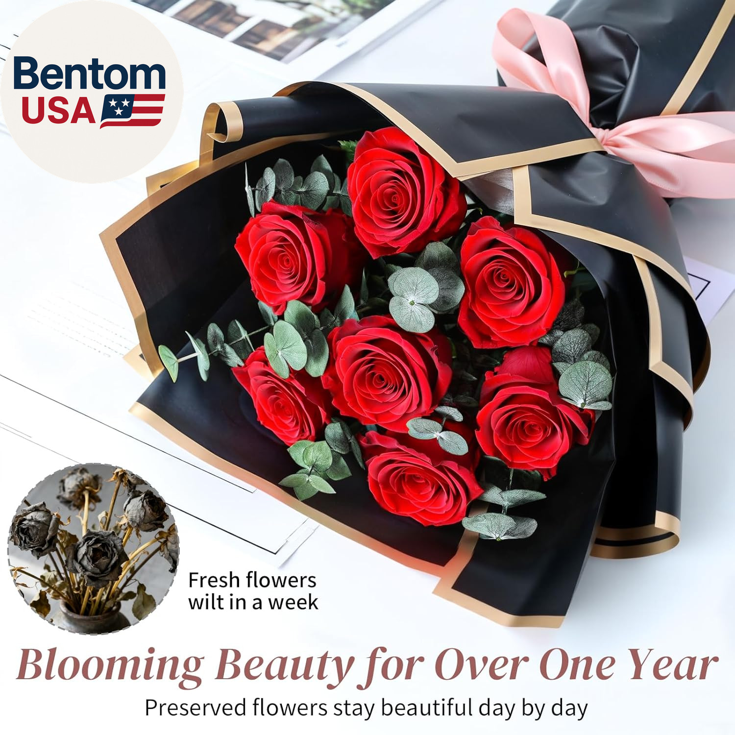 Flower for Delivery, Preserved Flowers Bouquet, Red Roses Bouquet, Real Long-Las