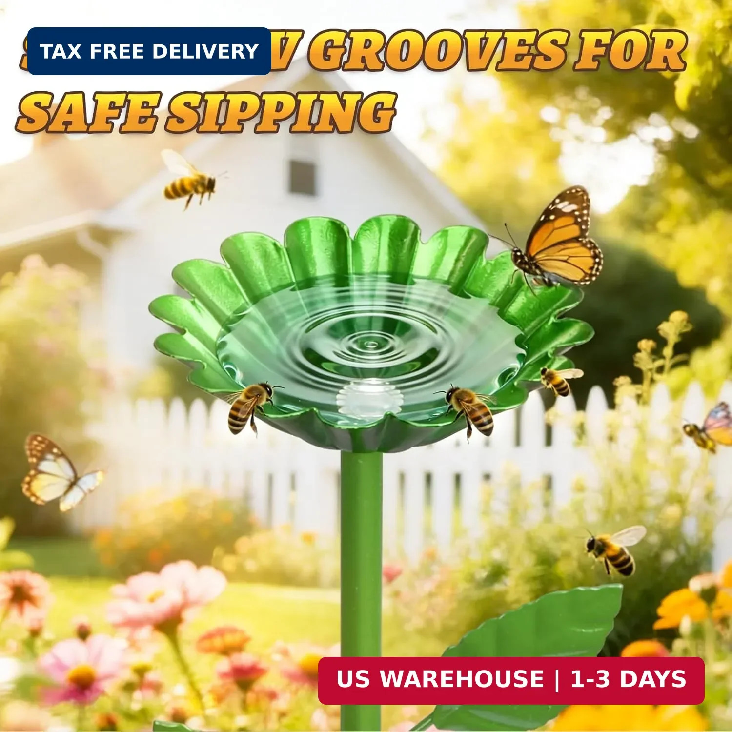 Mellbree 4-Pack Bee Watering Station Metal Bath Flower Garden Stakes Butterfly