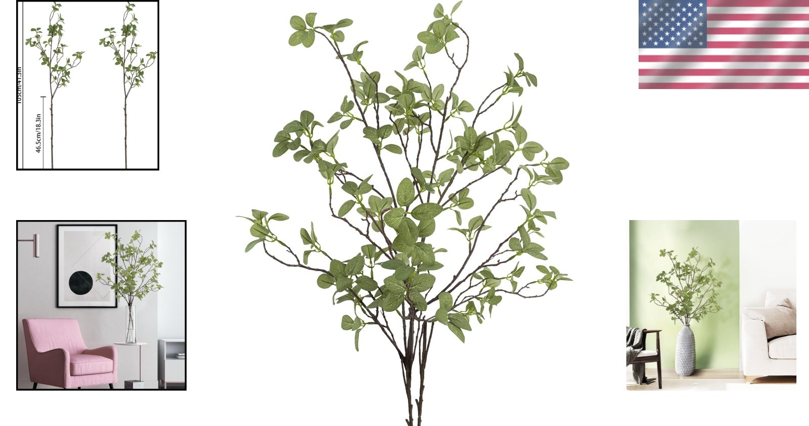 Realistic Faux Greenery Stems – Set of 2, 41.3” Tall for Versatile Indoor Decor