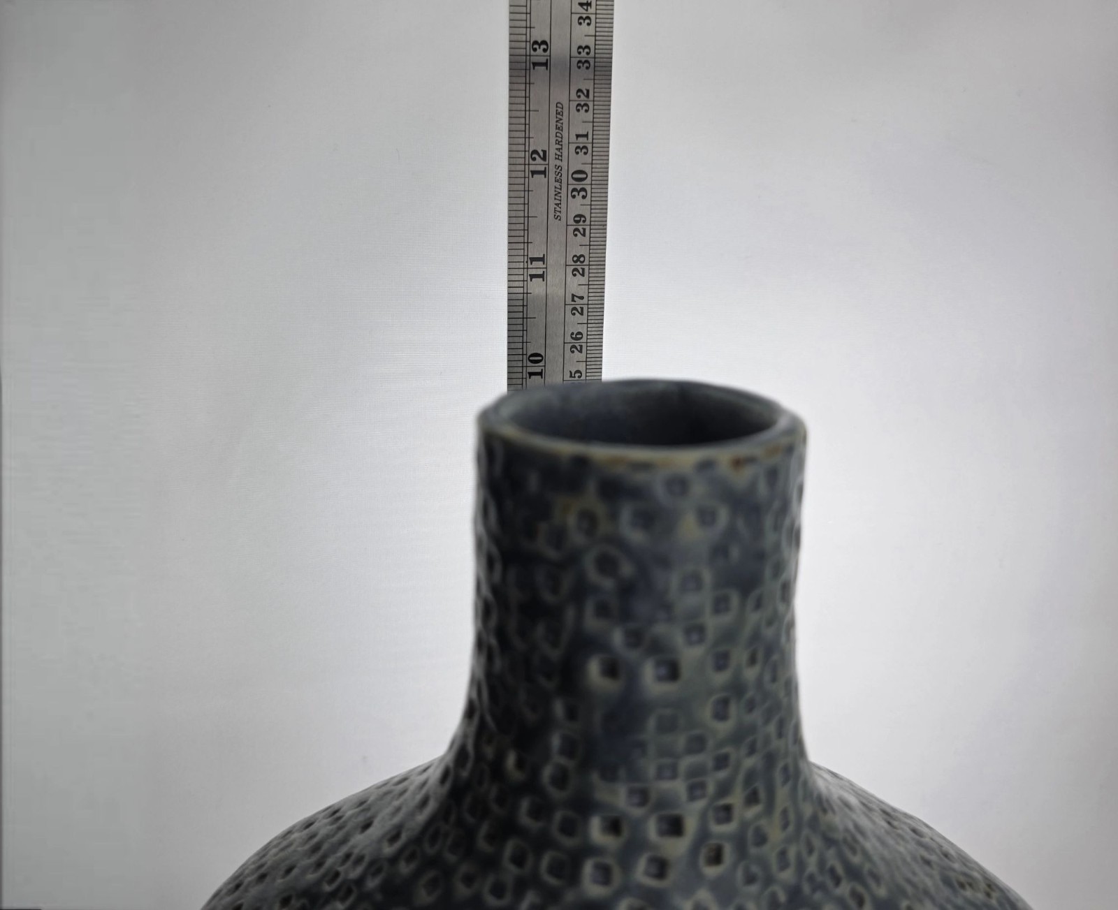 Textured Ceramic Vase w/ Intricate Geometric Patterns 10″ Tall Green Finish Deco