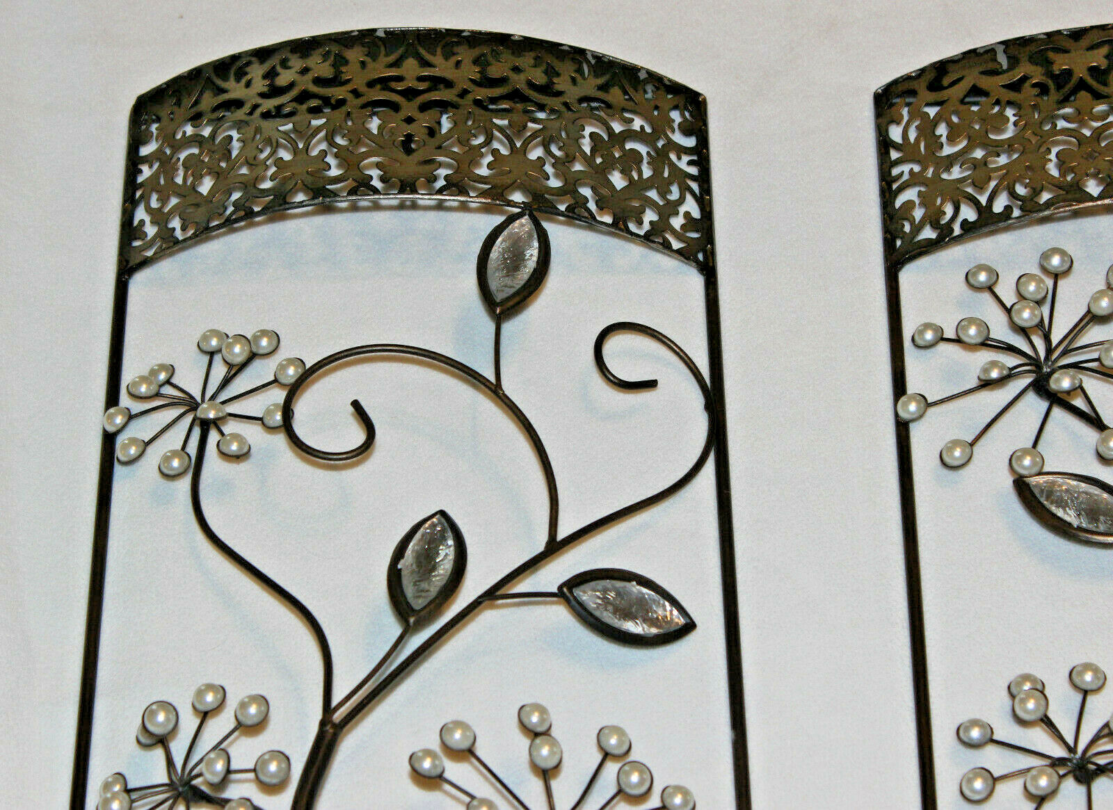 PAIR 24” x 10” x 2” DEEP 3D SILVER BRUSHED METAL FILIGREED FLORAL WALL ART DECOR