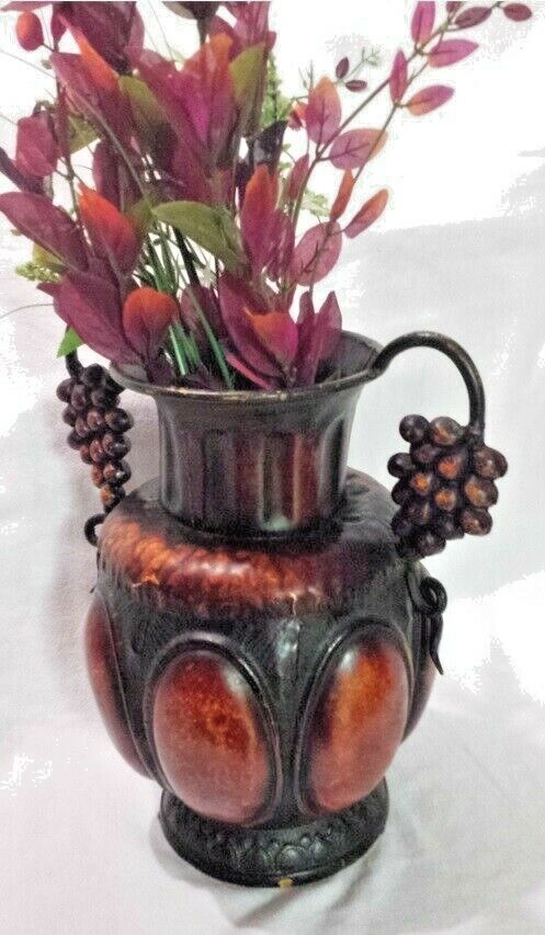 Metal Ornate Vase 13.75″ w/ Artificial Floral Sprigs Heavy Decorative Container