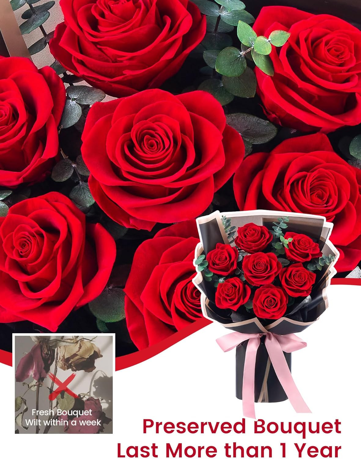 7 Piece Preserved Red Roses Bouquet Gift for Women Mother Wife