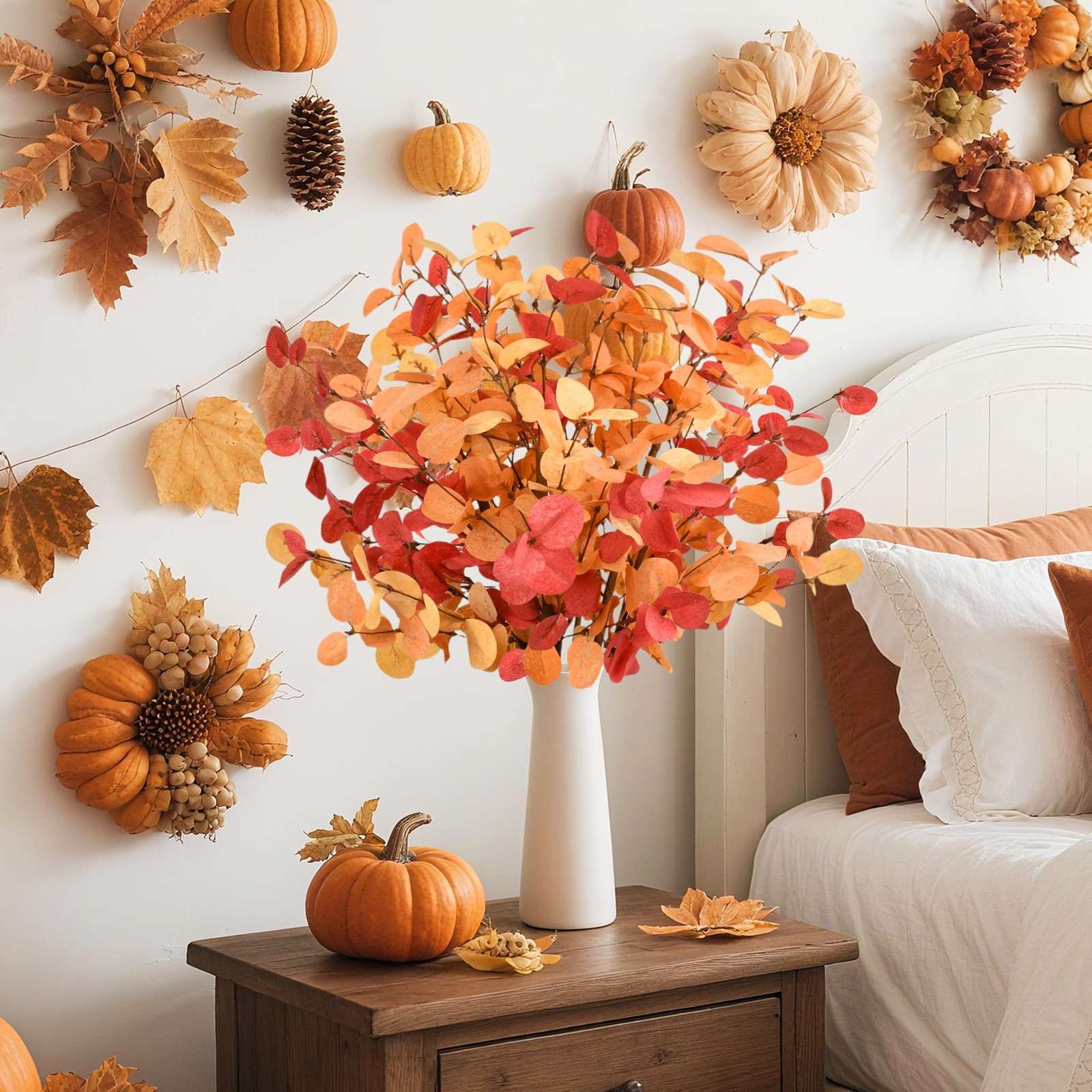 6Pcs 24 Inch Artificial Eucalyptus Fall Leaves, Fall Orange Eucalyptus Leaves…