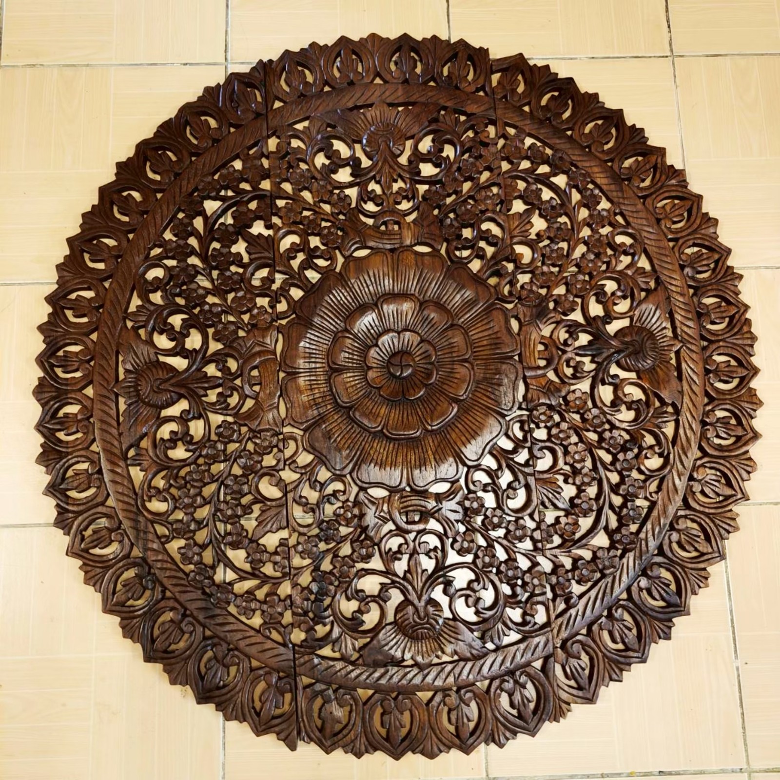 Round Floral Mandala Wood Carving Panel 90 cm, 3-Piece Set