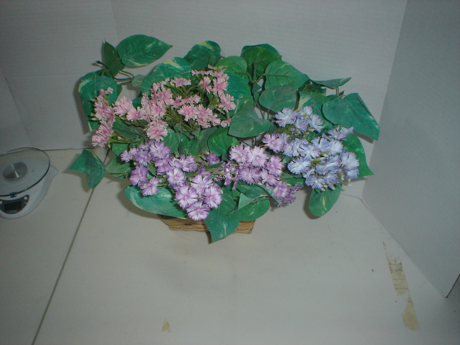 Artificial Golden Pothos With Purple And Pink Flowers and Basket