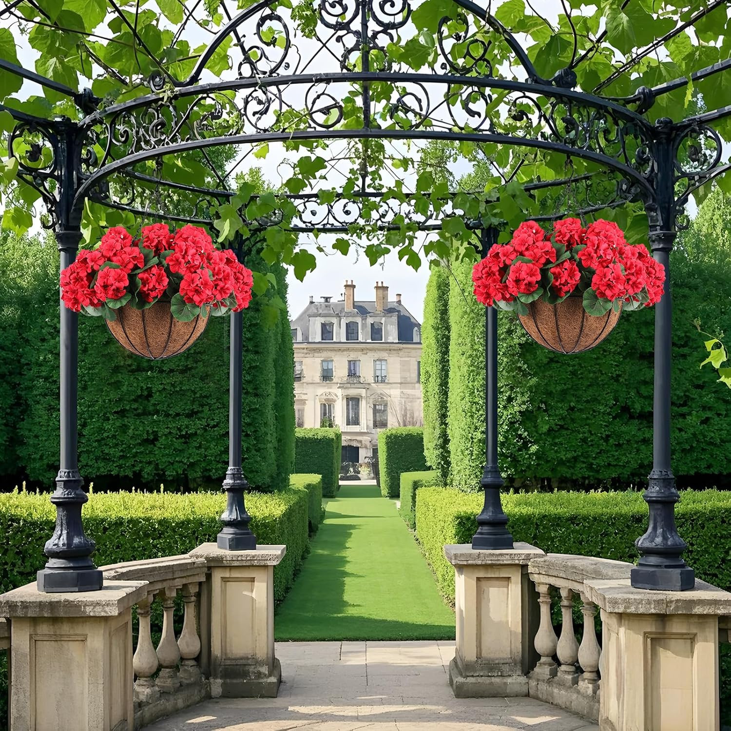 2 Set Red Geraniums with Hanging Baskets for Outdoor Decor – 12 Pcs