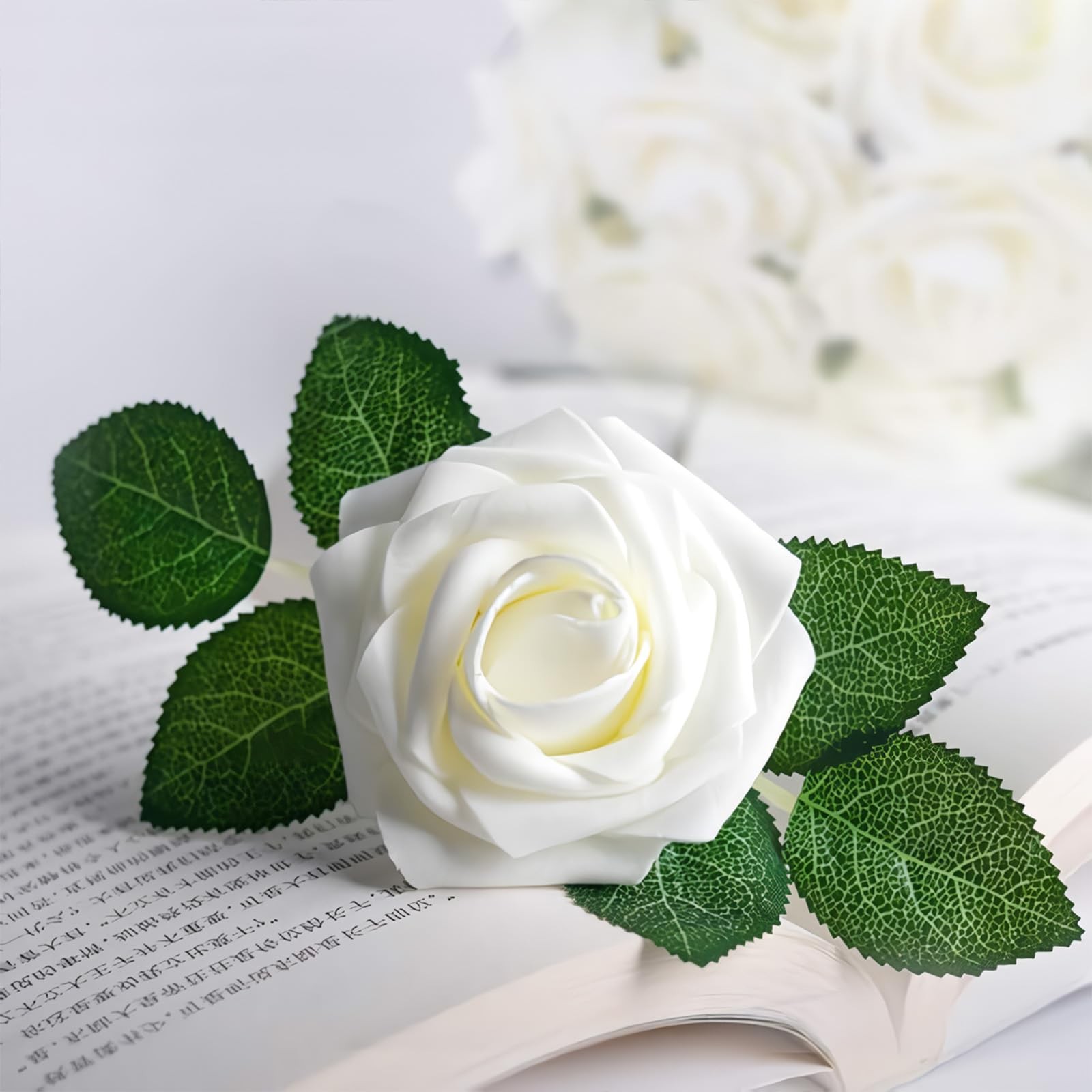 RCZ Décor Artificial Ivory Foam Roses with Stems & Leaves – Pack of 50, Perfect