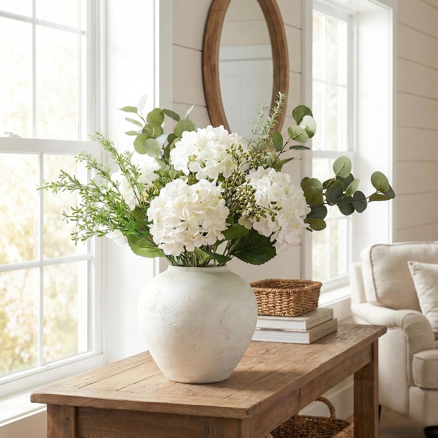 Faux Arrangement – Eucalyptus & White Hydrangea Flowers, Large Artificial Floral