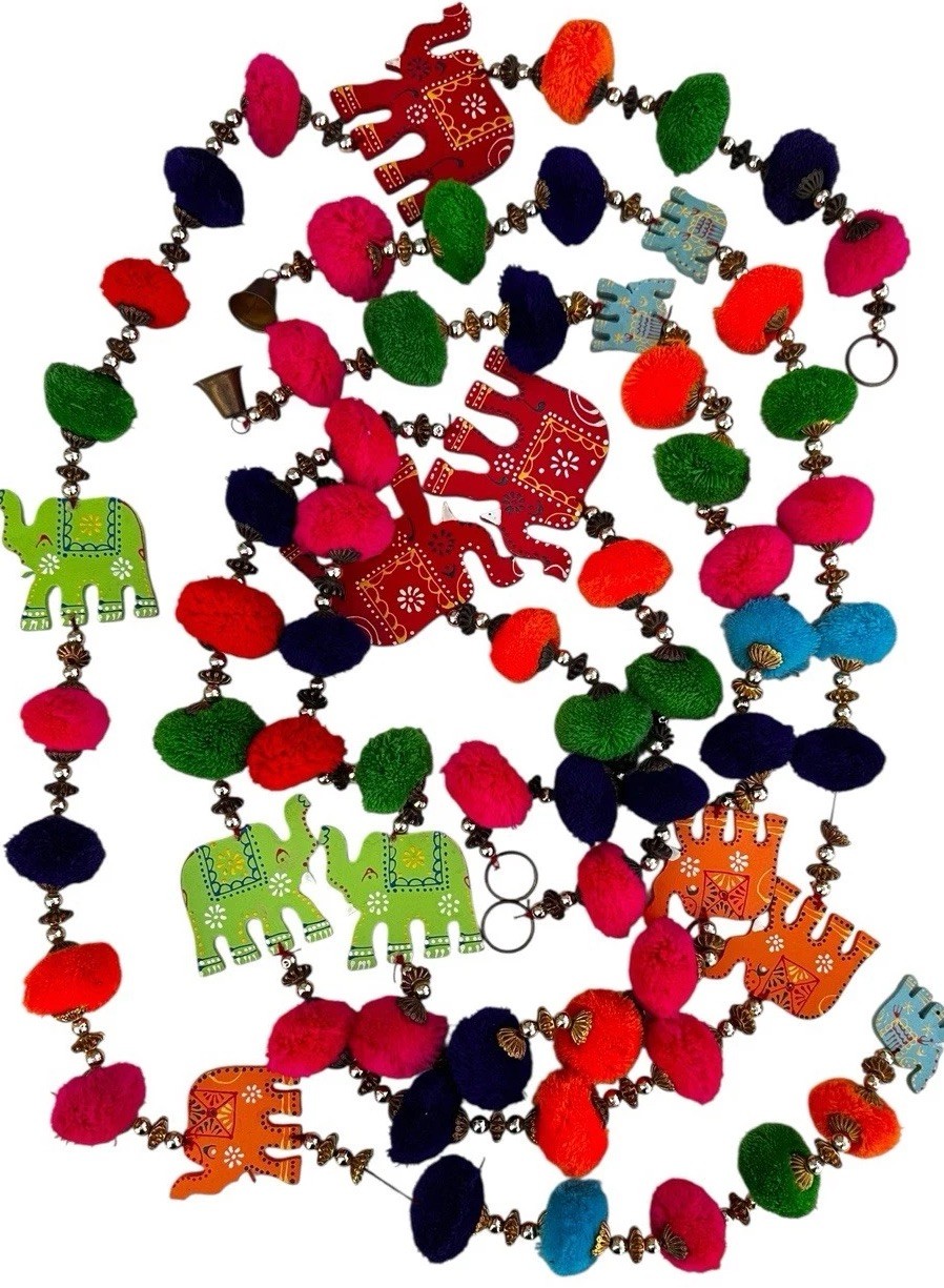 Elephant Garlands Pom Poms Wood Set of 3 Boho Indian Festival Diwali