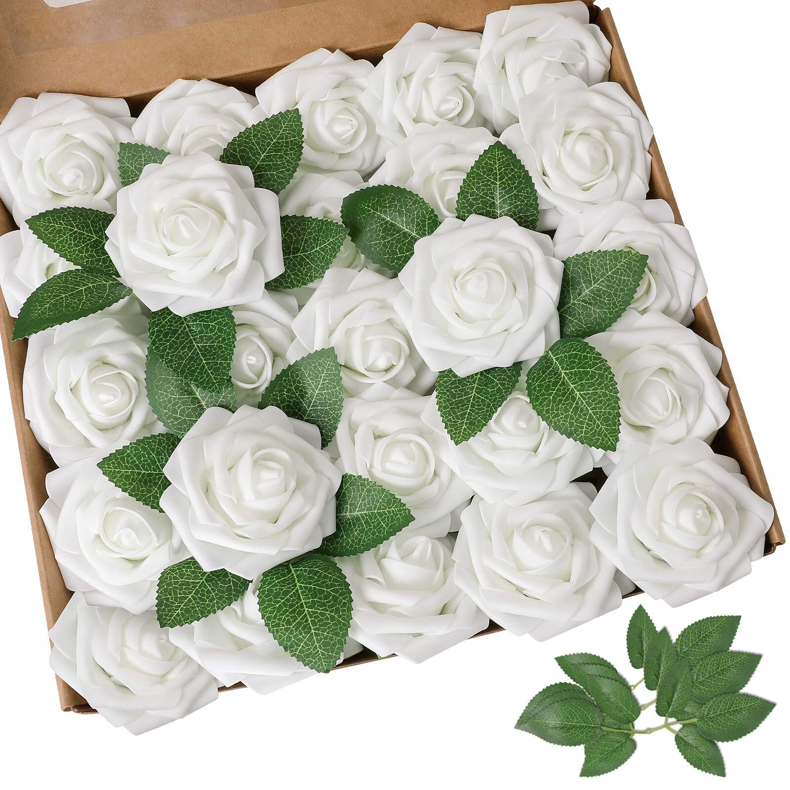 AmyHomie Artificial Flowers White Rose 100pcs Real Looking Fake Roses w/Stem …