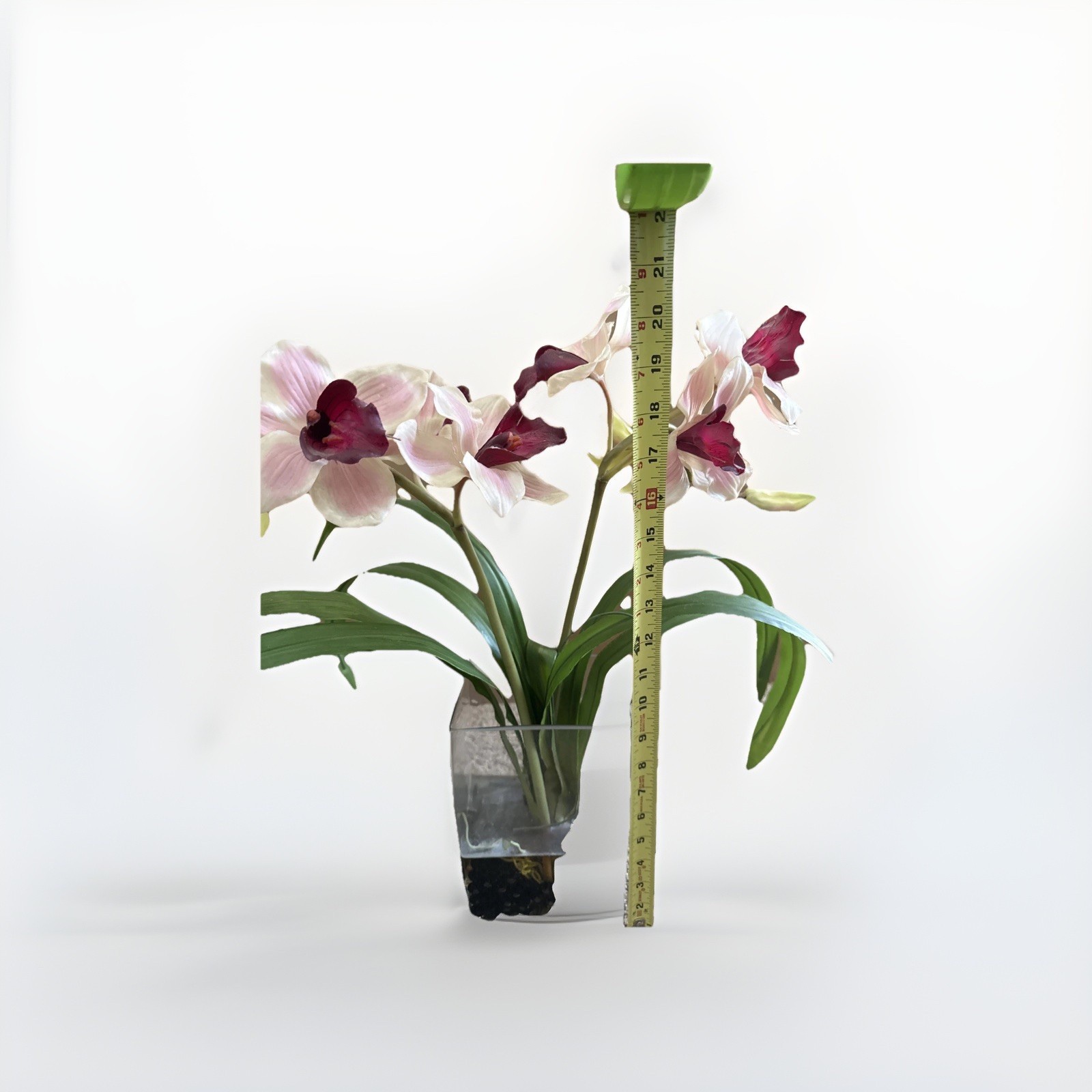 Fake Orchids In Glass Vase With Wire Inside Leaves For Posing