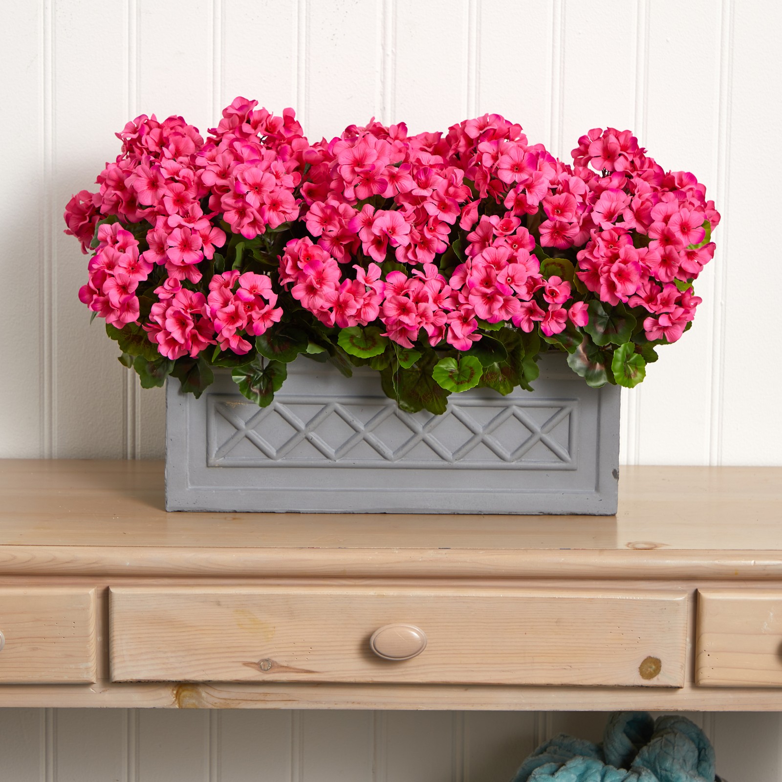 Indoor/Outdoor 18″ Geranium Artificial Plant with Stone Planter in Pink/Gray