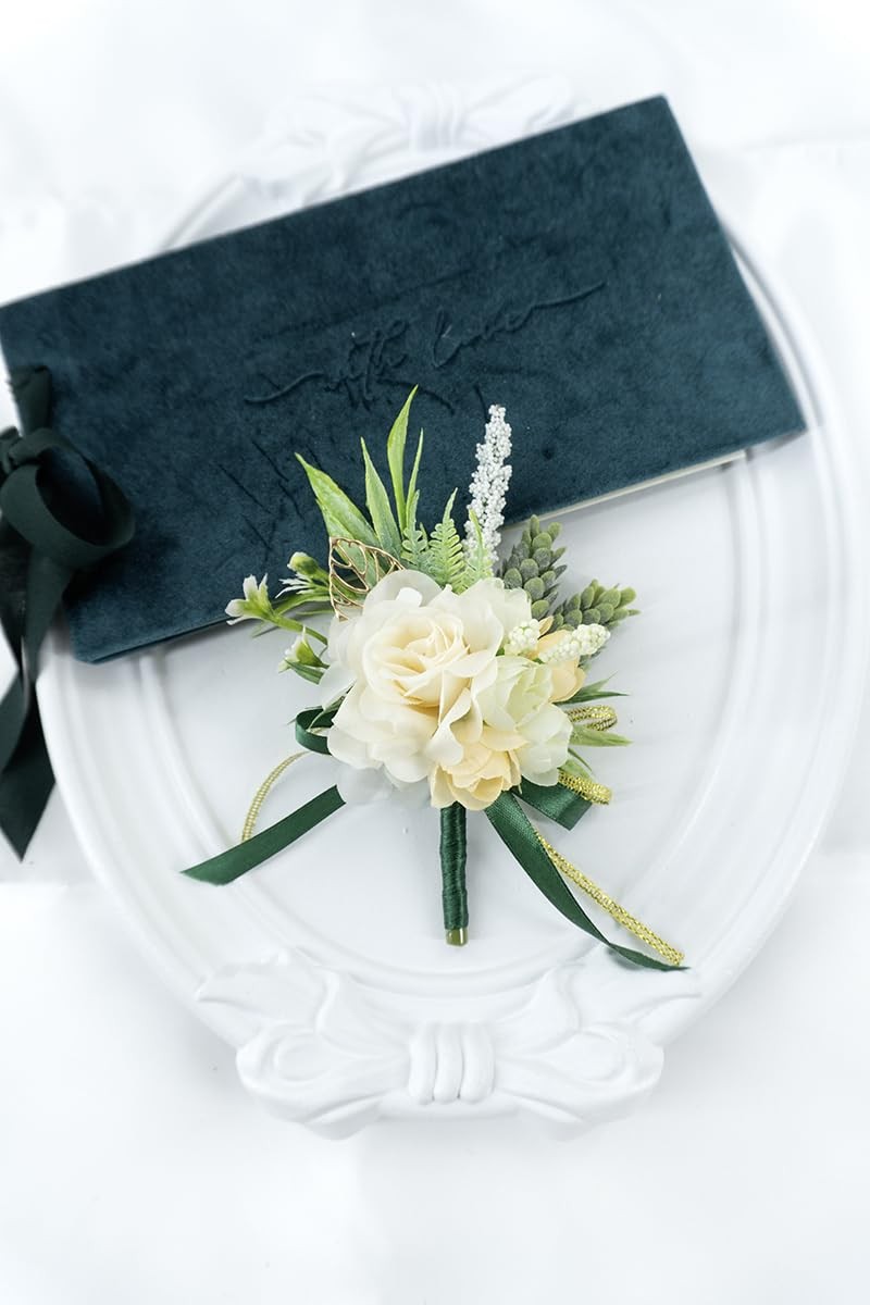 2 Pcs Wrist Corsage and Boutonniere Set, Champagne Corsage for Wedding, Bouto…