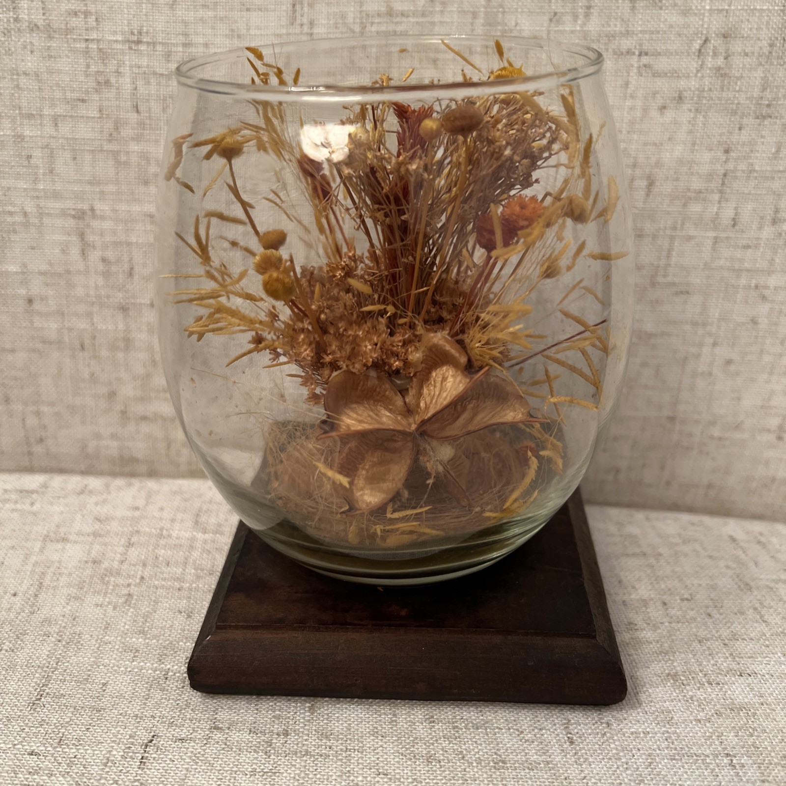 Vintage MCM Glass Terrarium With A Wood Base Dried Flowers Inside