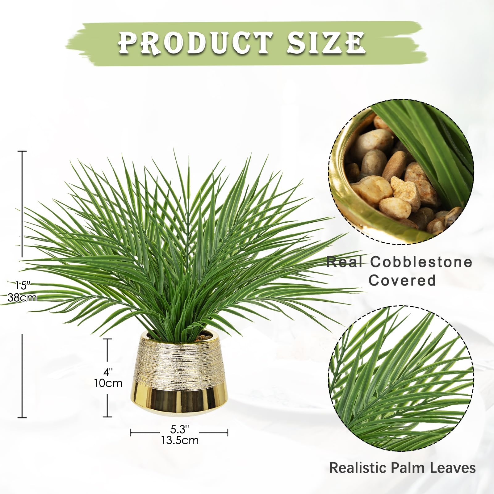 Fake Plants Artificial Palm Leaf Plant in Gold Planter – 15’’ Tall Faux Tropi…
