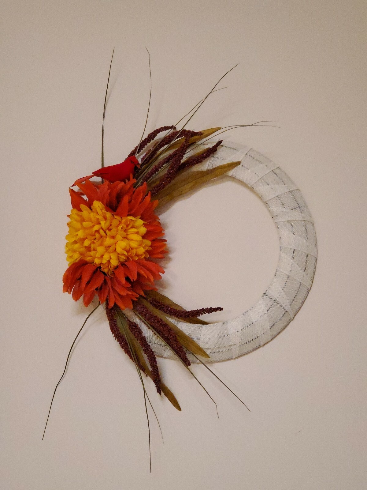 Heather MUM white orange red CARDINAL burlap WREATH FALL autumn Decor Front Door