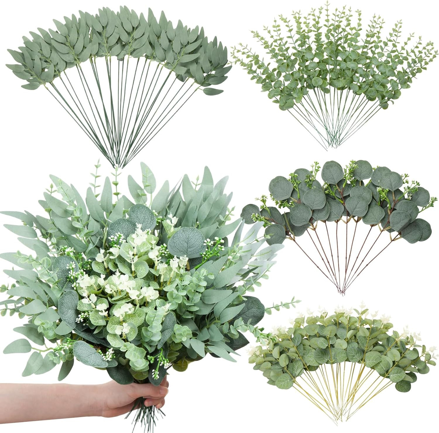 100 Pcs Mixed Artificial Eucalyptus Stems Leaves Bulk, 4 Kinds Faux Greenery Sil