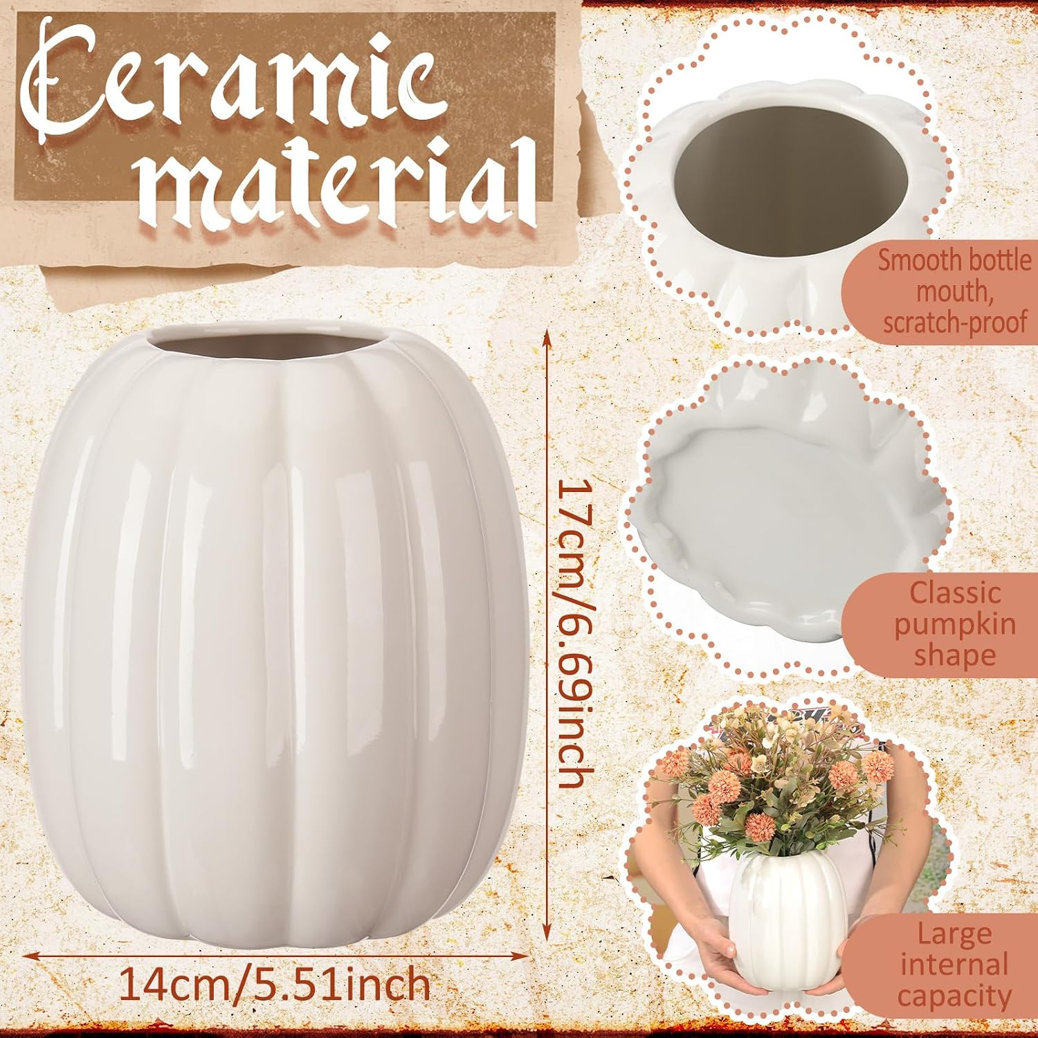 Beeveer 6.7 Inch Ceramic Pumpkin Vase Large Artificial Fake White Pumpkin Flower