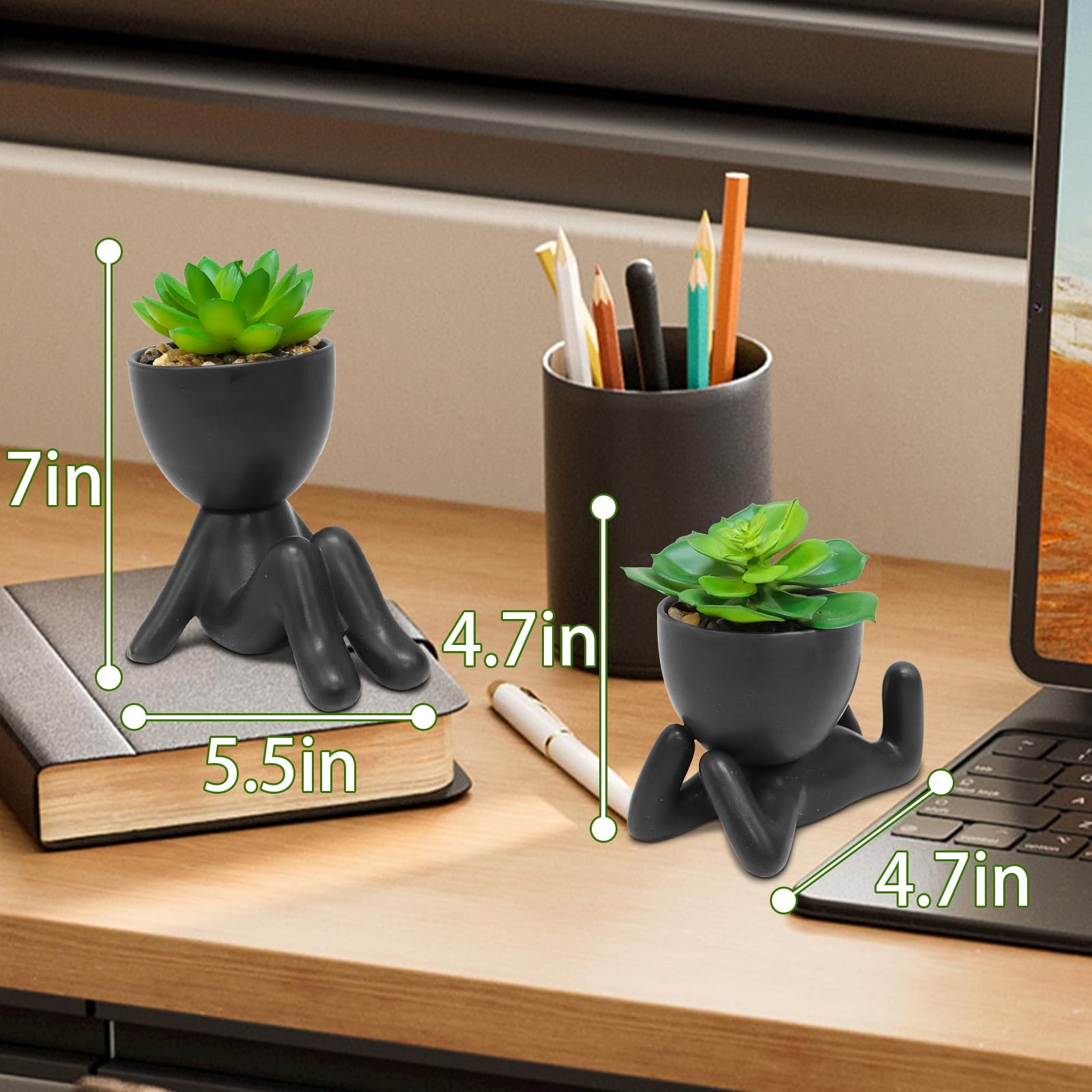 2 PCS Cute Artificial Succulent Plants Black Human Shaped Pots Desk Planter