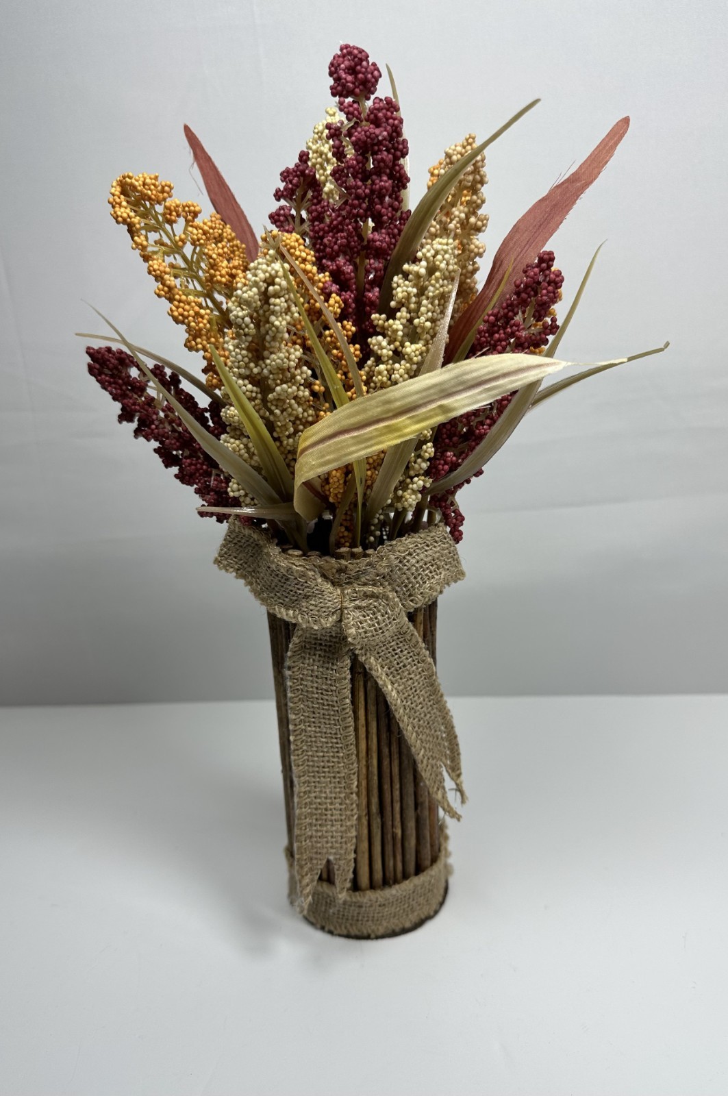 Rustic Dried Sorghum Arrangement in Burlap-Wrapped Wood Vase – Autumn Farmhouse