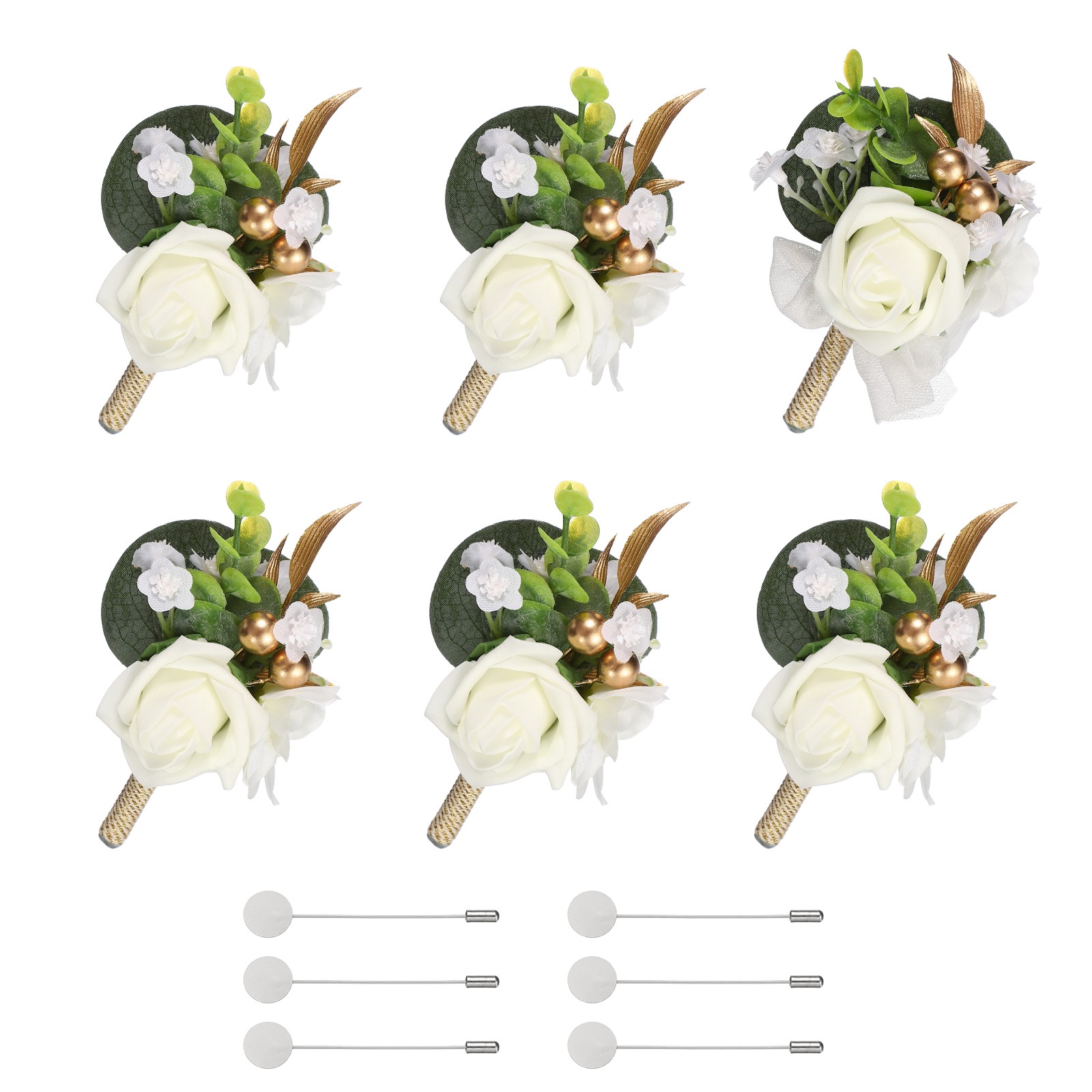 Mens Boutonnieres for Weddings, 6 Pcs Rose Boutonnieres, White/Beige