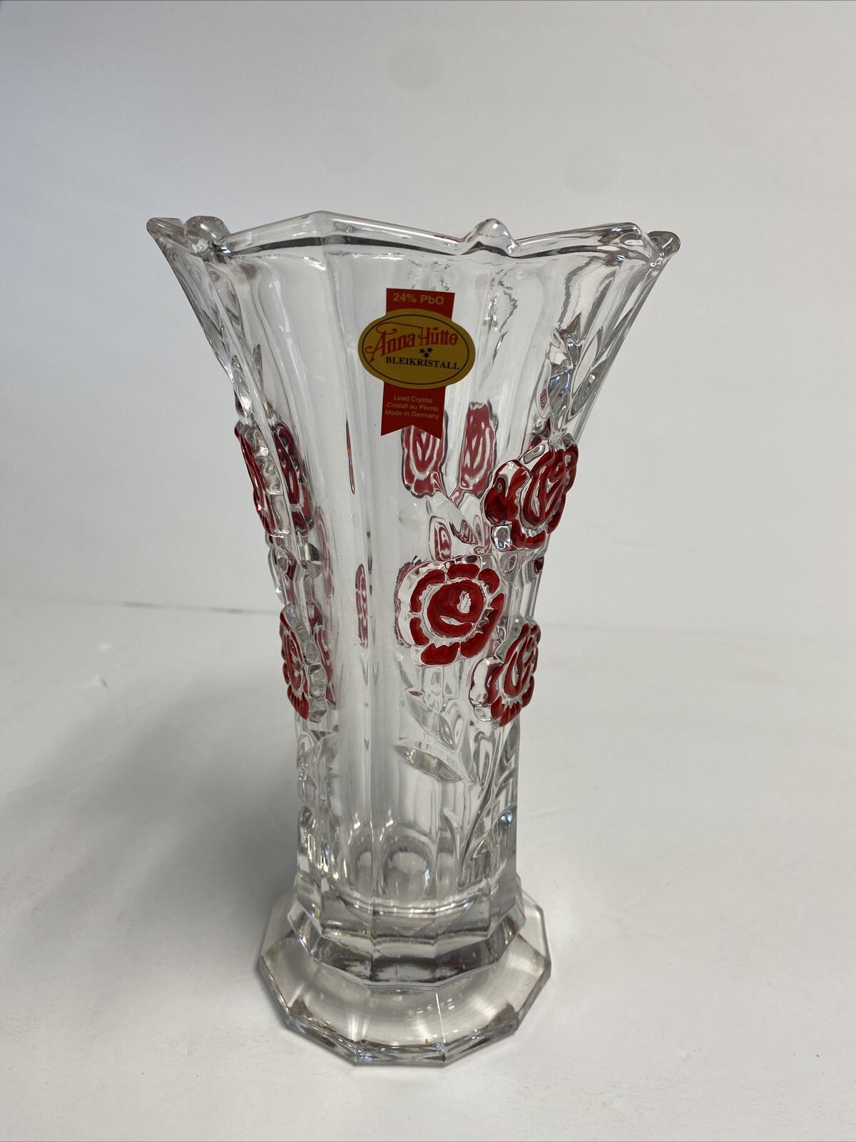 Anna Hutte Bleikristall Lead Crystal Clear /redVase 24% BPO 7.5” Made in Germany